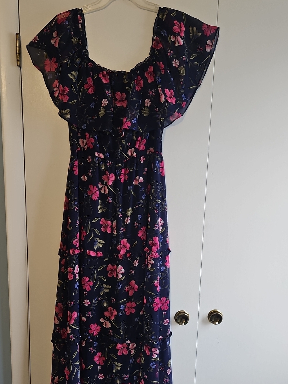 Navy Floral Maxi Dress with Pink Bloom Print